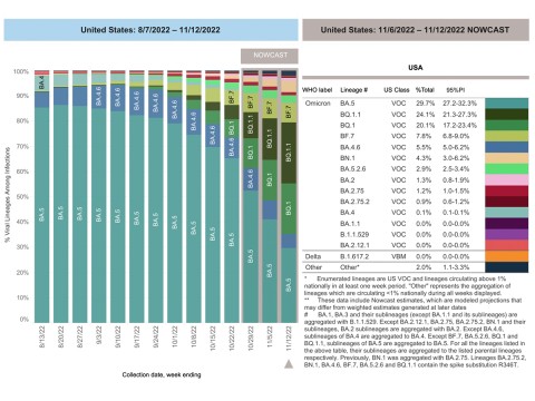 Graph from CDC– the robust system for tracking the spread of COVID-19 variants show the rapid spread of BQ.1 and BQ1.1, both of which are resistant to the last remaining monoclonal antibody treatments currently available.